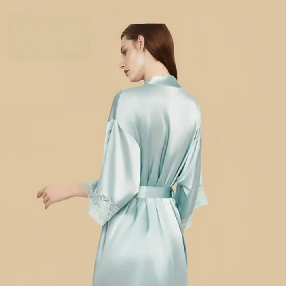 100% Mulberry Silk 16Momme Nightgown & Kimono Robe Set with Lace-Trim Cuffs