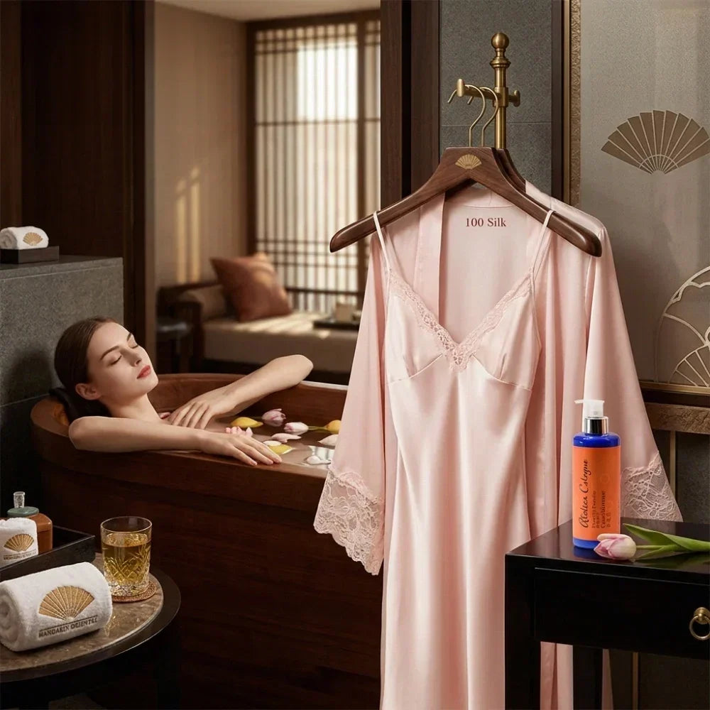 100% Mulberry Silk 16Momme Nightgown & Kimono Robe Set with Lace-Trim Cuffs
