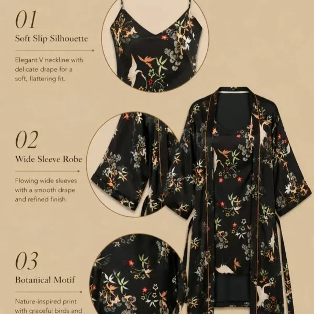 100% Mulberry Silk 16Momme Printed V-neck Nightgown & Kimono Robe Set