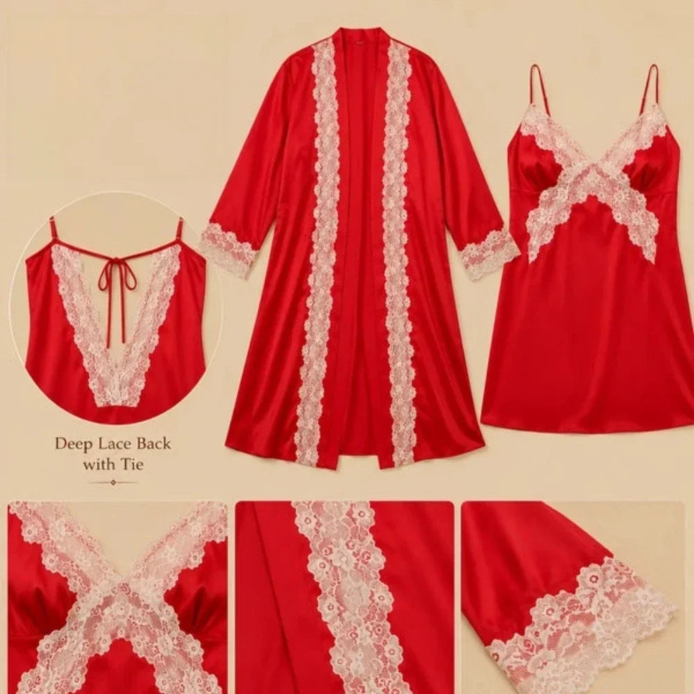 100% Mulberry Silk 16Momme V-Neck Nightgown & Robe Set with Lace Design