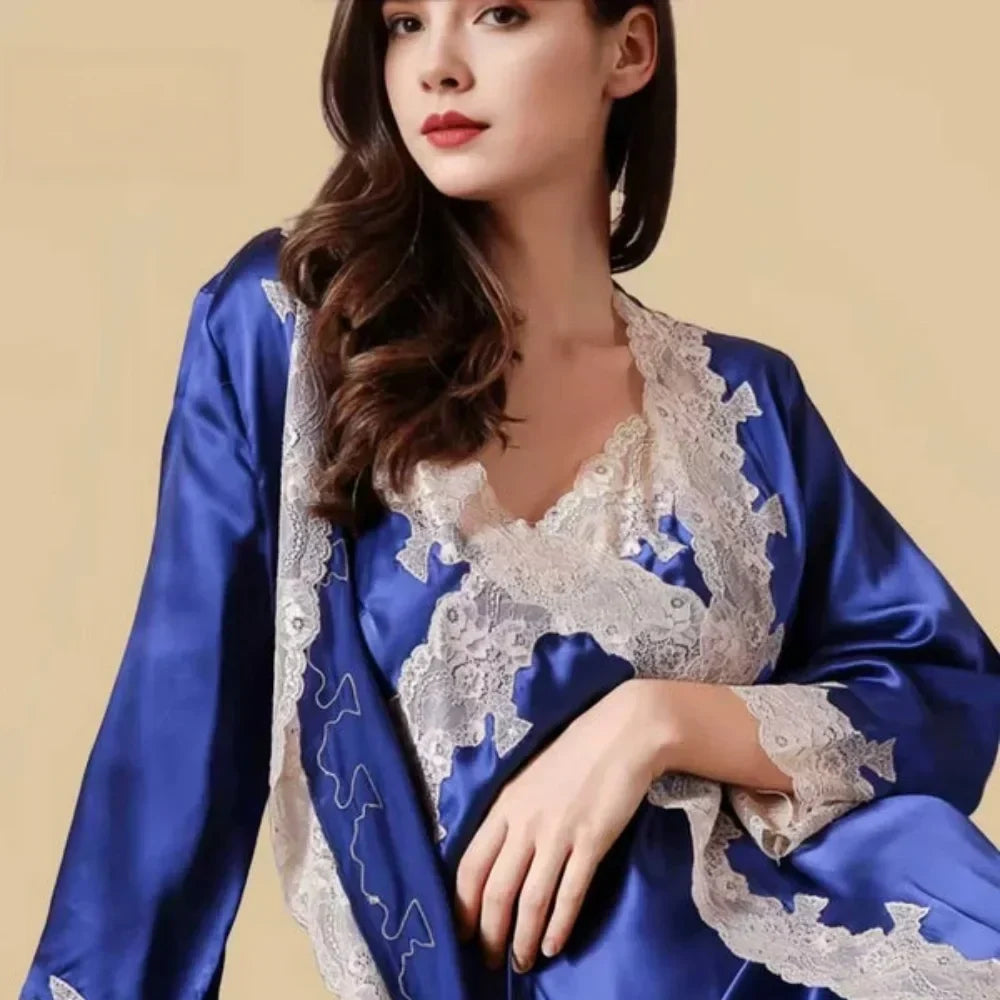 100% Mulberry Silk 16Momme V-Neck Nightgown & Robe Set with Lace Design