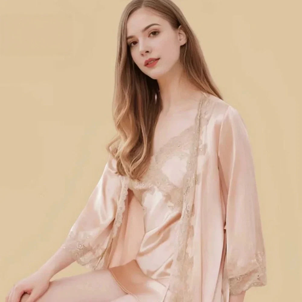 100% Mulberry Silk 16Momme V-Neck Nightgown & Robe Set with Lace Design