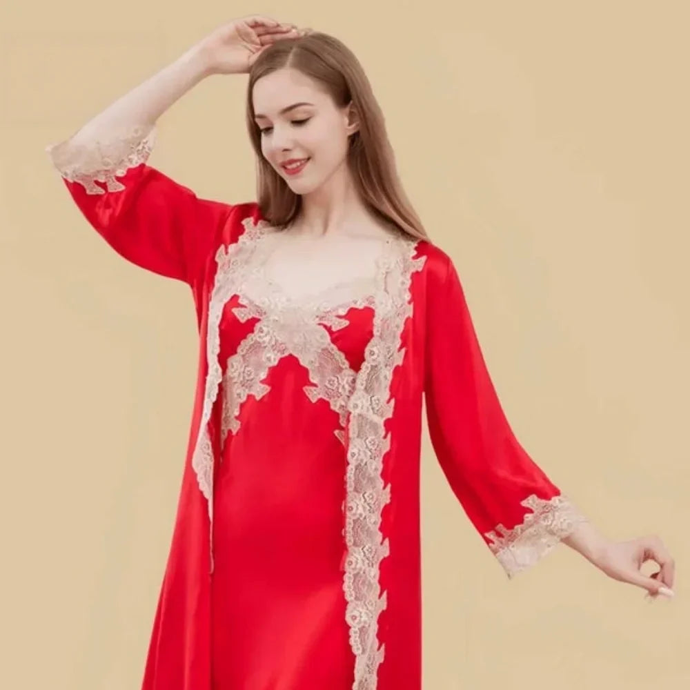 100% Mulberry Silk 16Momme V-Neck Nightgown & Robe Set with Lace Design