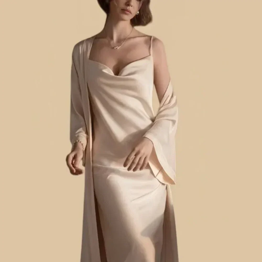 100% Mulberry Silk 19Momme Cowl Neck Spaghetti Strap Midi Nightgown & Kimono Robe Set