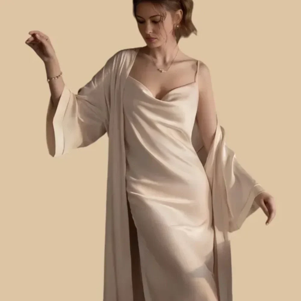 100% Mulberry Silk 19Momme Cowl Neck Spaghetti Strap Midi Nightgown & Kimono Robe Set