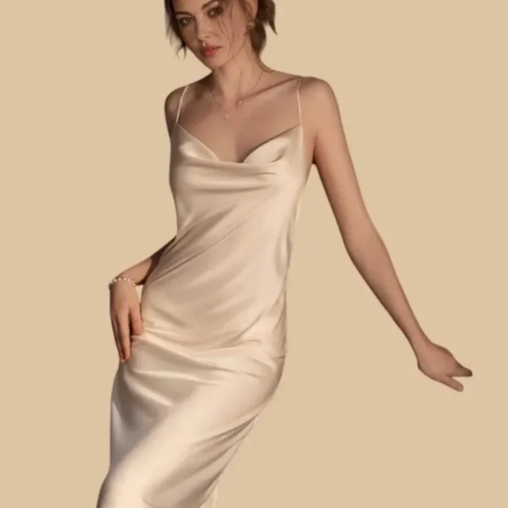 100% Mulberry Silk 19Momme Cowl Neck Spaghetti Strap Midi Nightgown & Kimono Robe Set