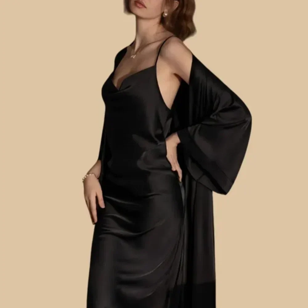 100% Mulberry Silk 19Momme Cowl Neck Spaghetti Strap Midi Nightgown & Kimono Robe Set