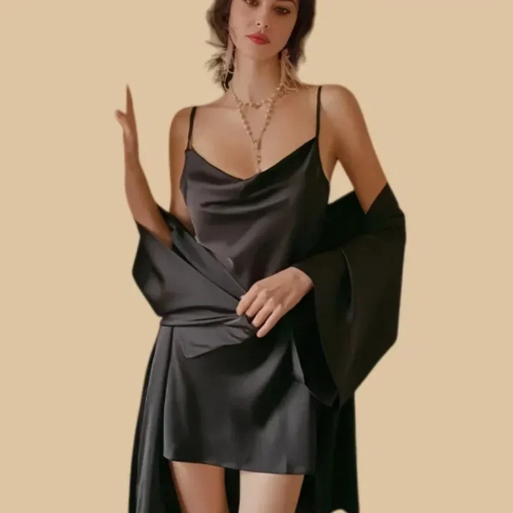 100% Mulberry Silk 19Momme Embroidered Spaghetti Strap Nightgown & Robe Set