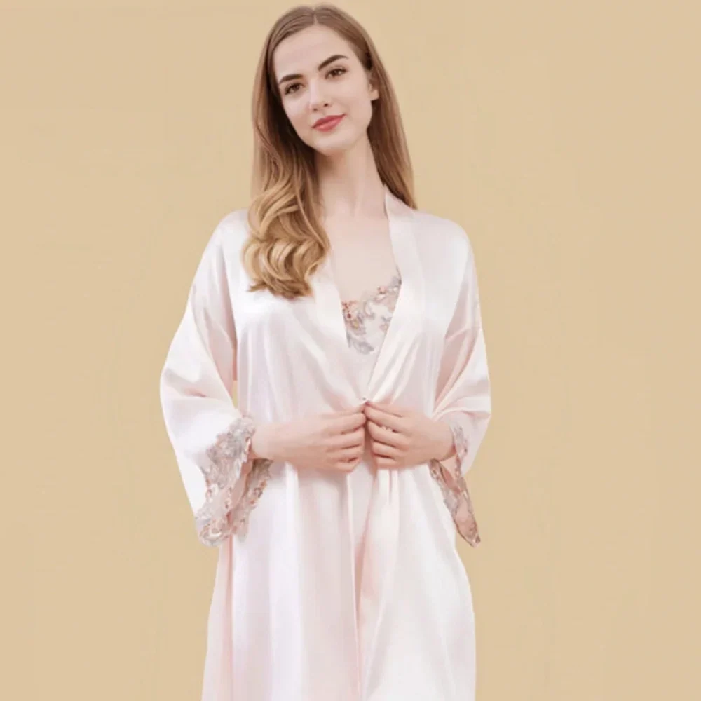 100% Mulberry Silk 19Momme Lace Nightgown & Kimono Robe Set