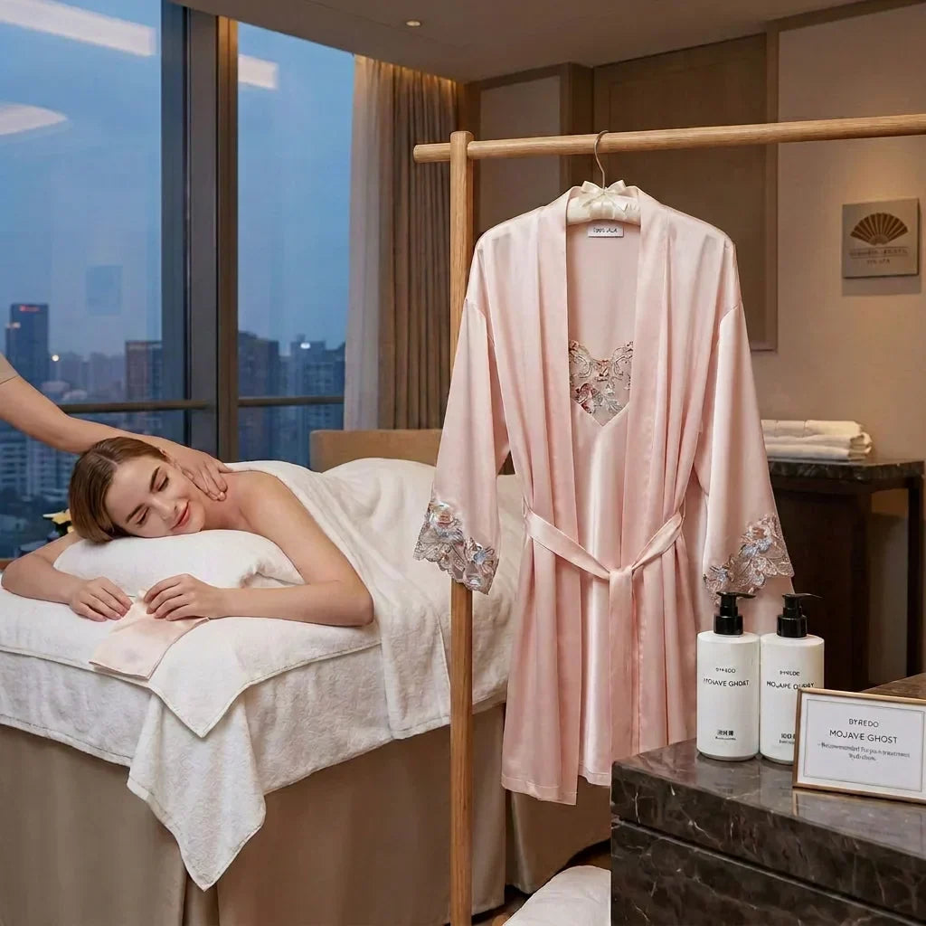100% Mulberry Silk 19Momme Lace Nightgown & Kimono Robe Set