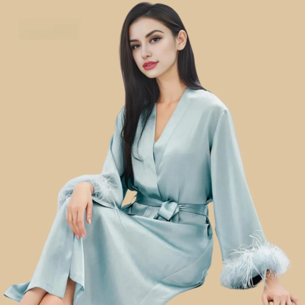 100% Mulberry Silk 19Momme Midi Kimono Robe & Nightgown with Feather-Trim Cuffs