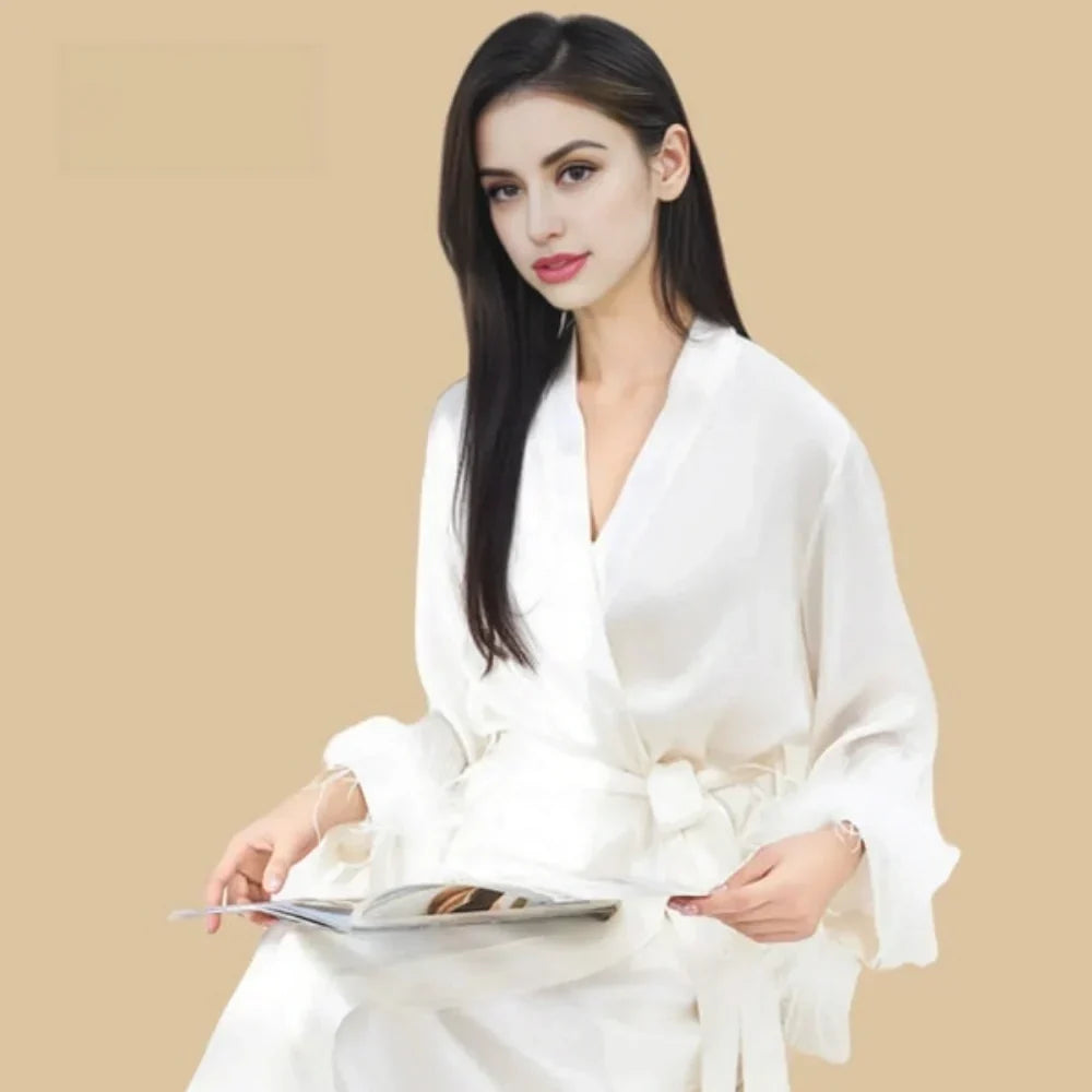 100% Mulberry Silk 19Momme Midi Kimono Robe & Nightgown with Feather-Trim Cuffs