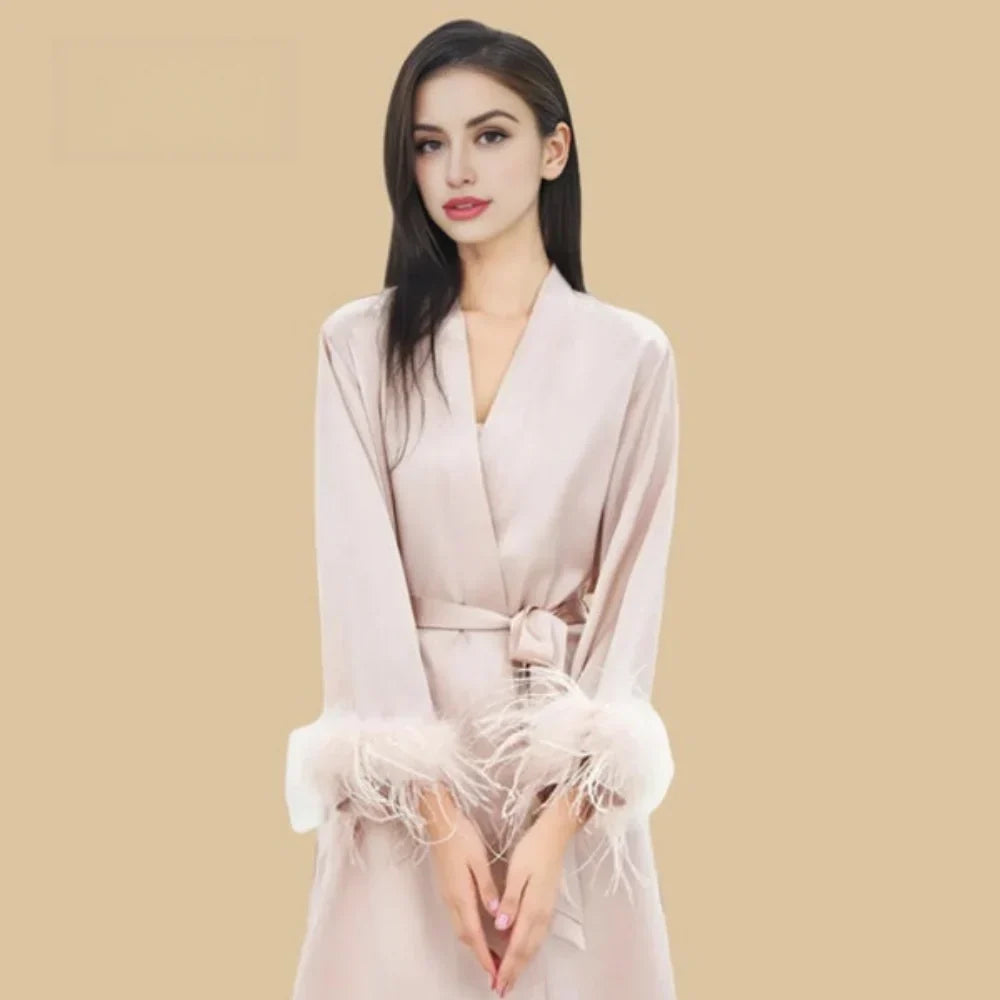 100% Mulberry Silk 19Momme Midi Kimono Robe & Nightgown with Feather-Trim Cuffs