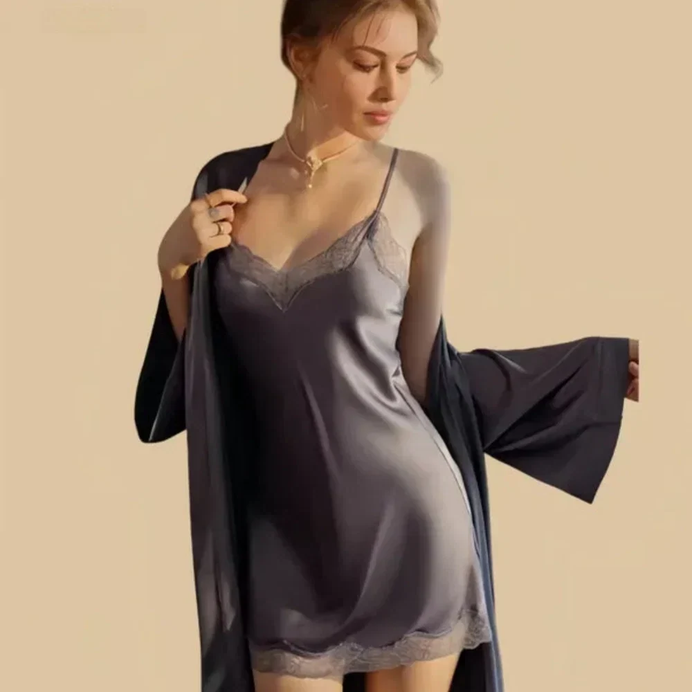 100% Mulberry Silk 19Momme Nightgown & Kimono Robe Set with Lace Trim Design