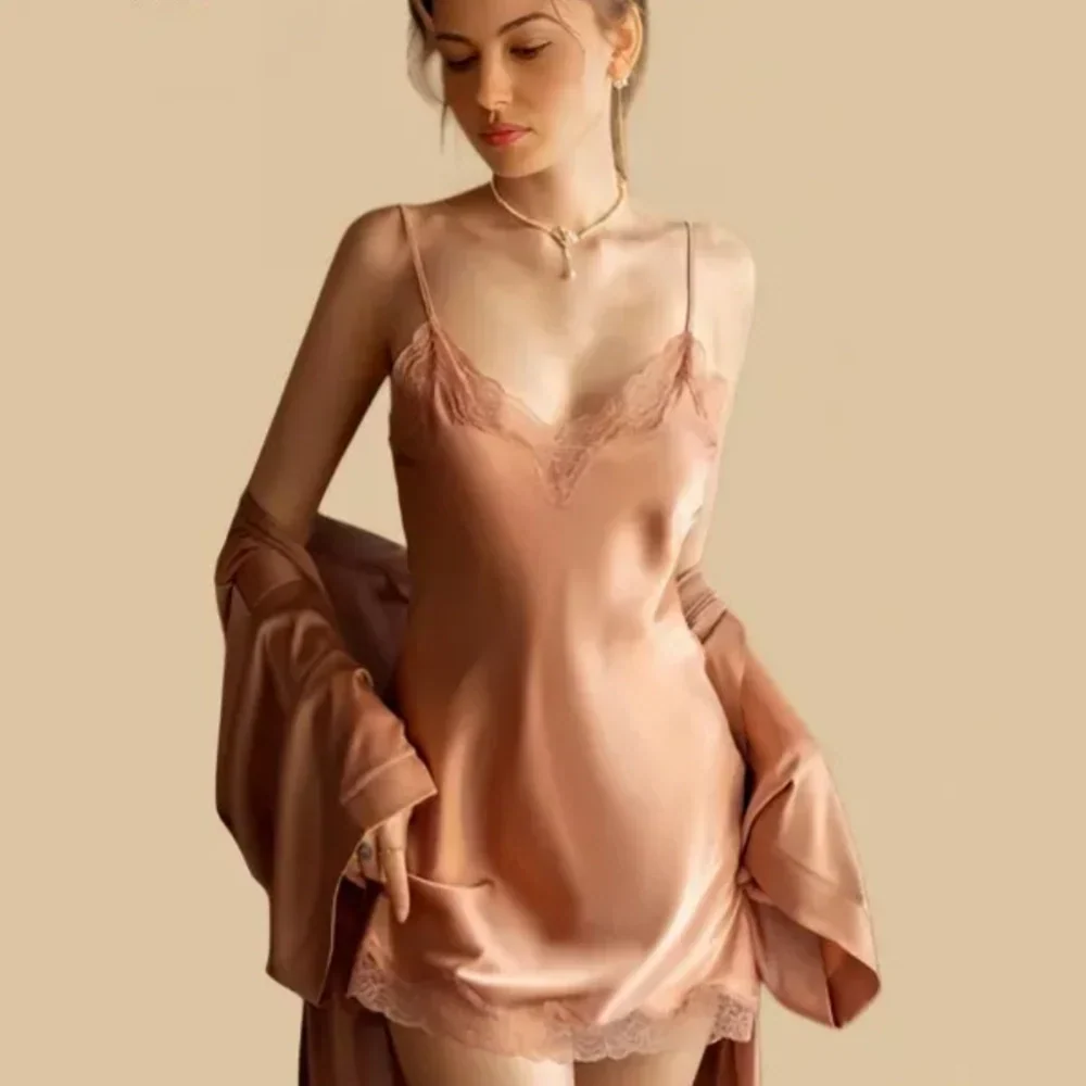 100% Mulberry Silk 19Momme Nightgown & Kimono Robe Set with Lace Trim Design