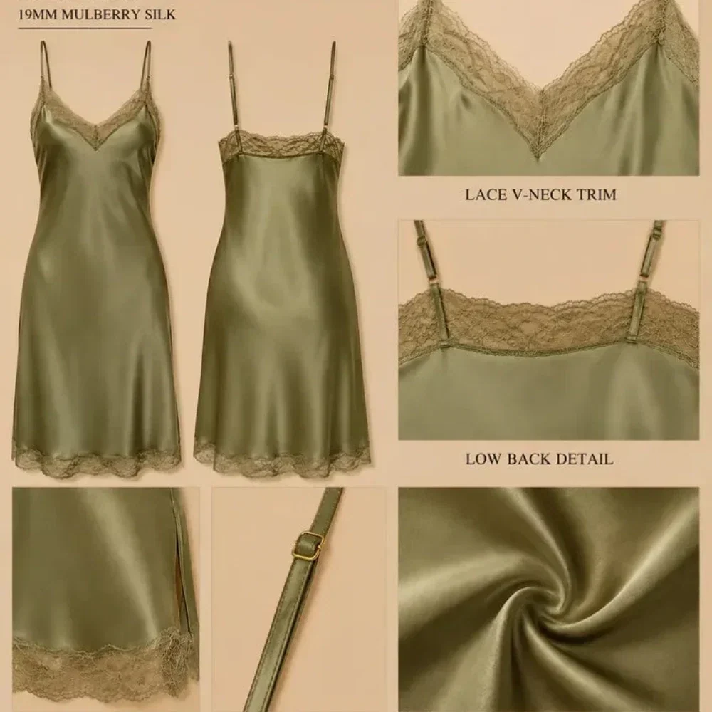 100% Mulberry Silk 19Momme Nightgown & Kimono Robe Set with Lace Trim Design