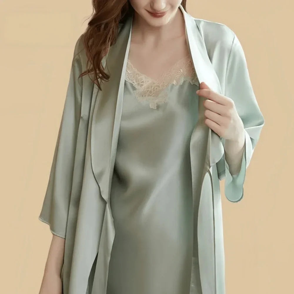 100% Mulberry Silk 19Momme Short Lace V-Neck Nightgown & Kimono Robe Set