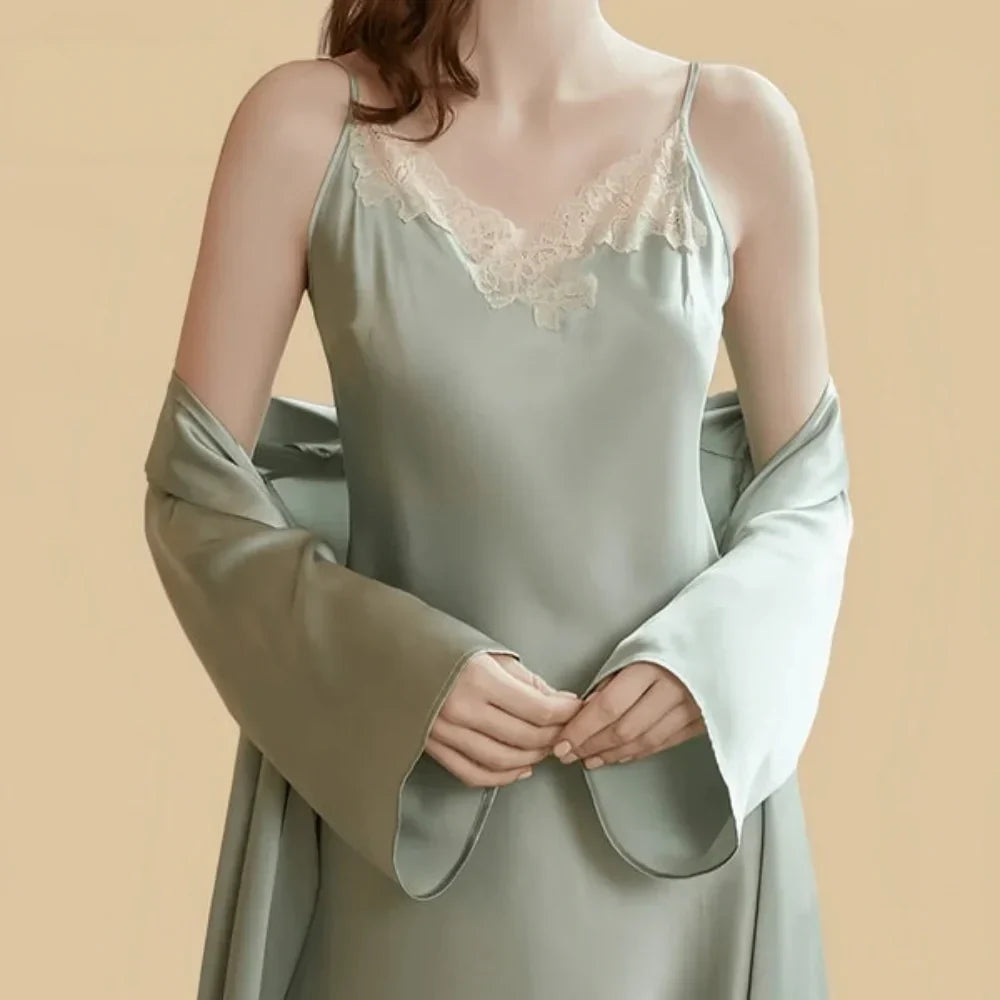 100% Mulberry Silk 19Momme Short Lace V-Neck Nightgown & Kimono Robe Set