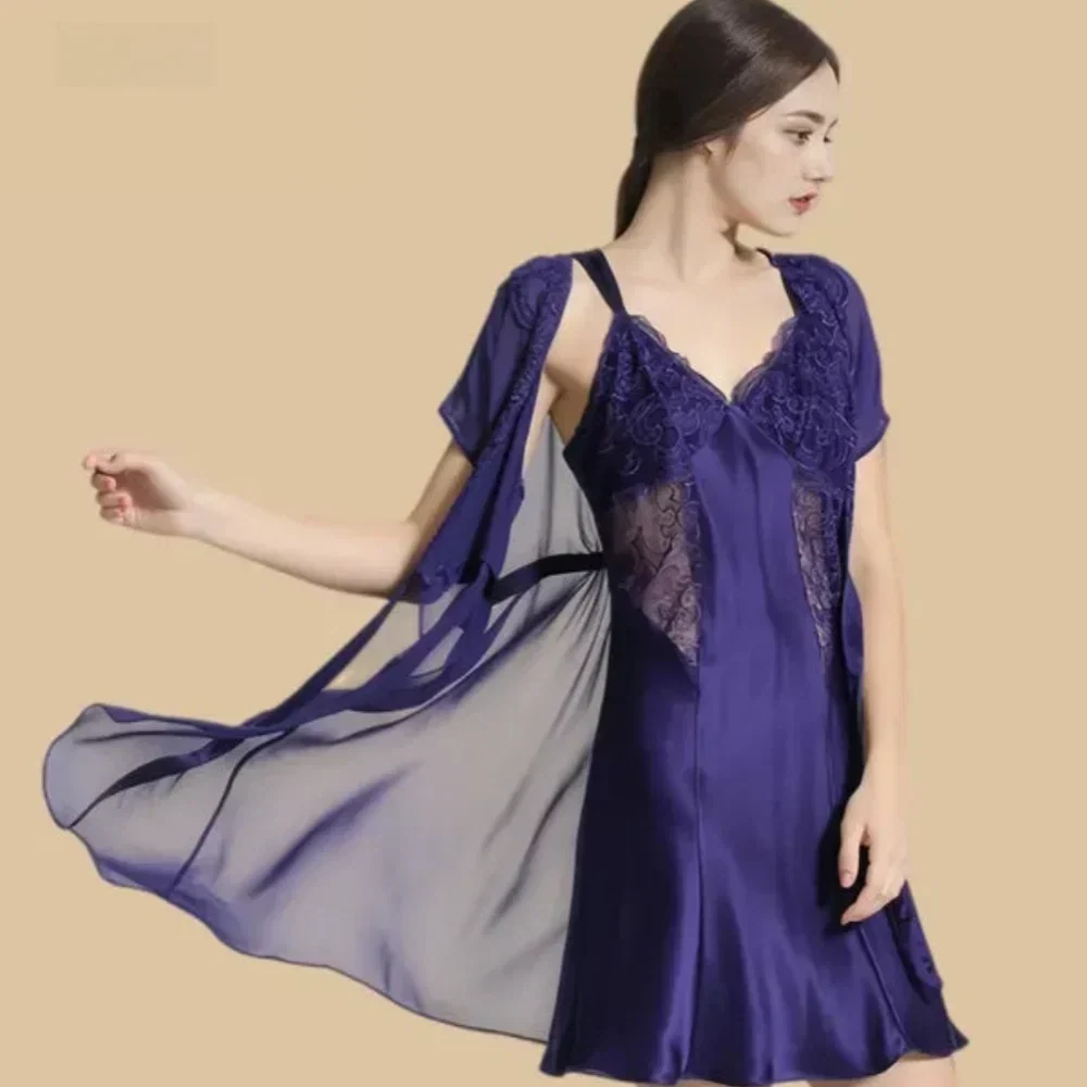 100% Mulberry Silk 19Momme Short Nightgown & Kimono Robe Set with Lace Design
