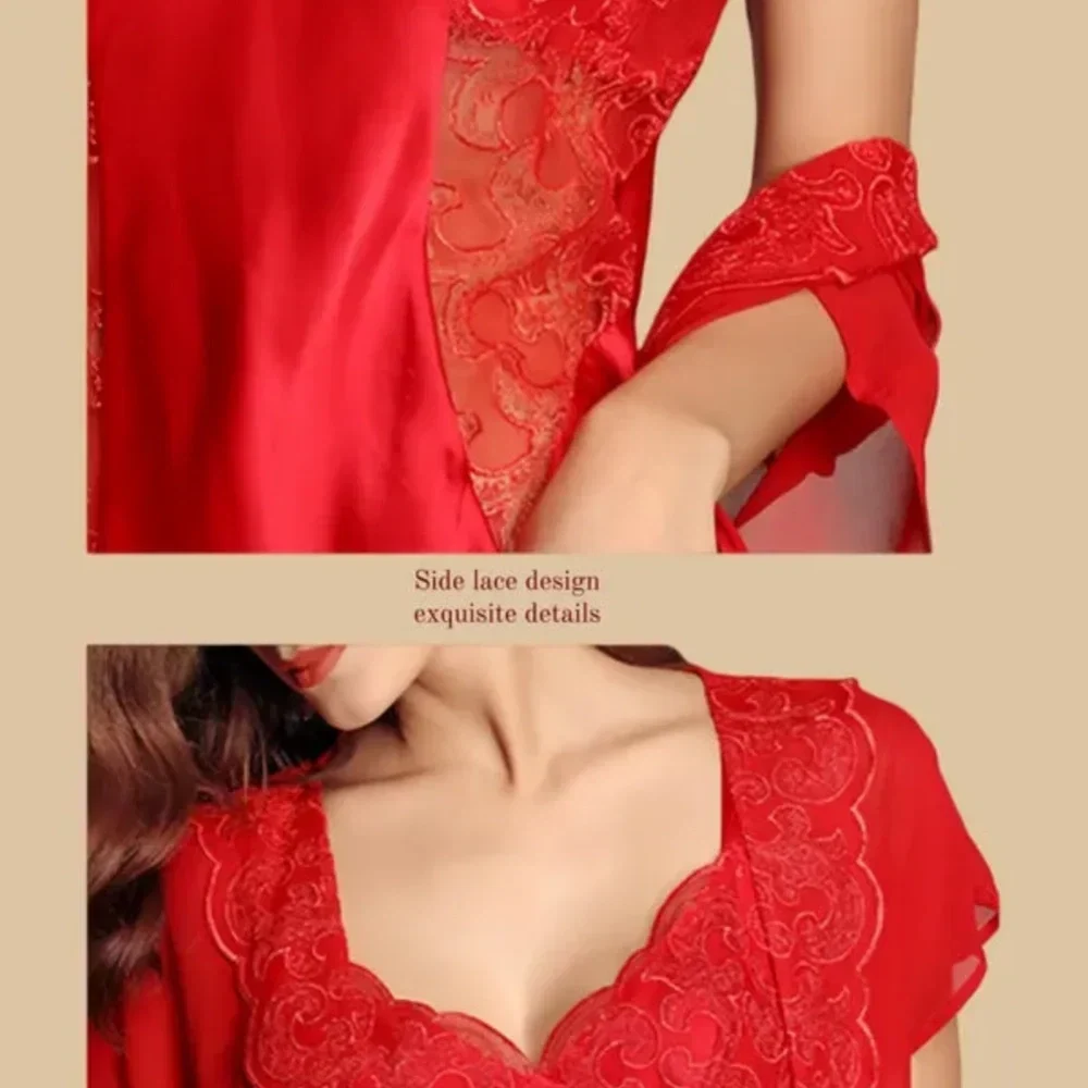 100% Mulberry Silk 19Momme Short Nightgown & Kimono Robe Set with Lace Design