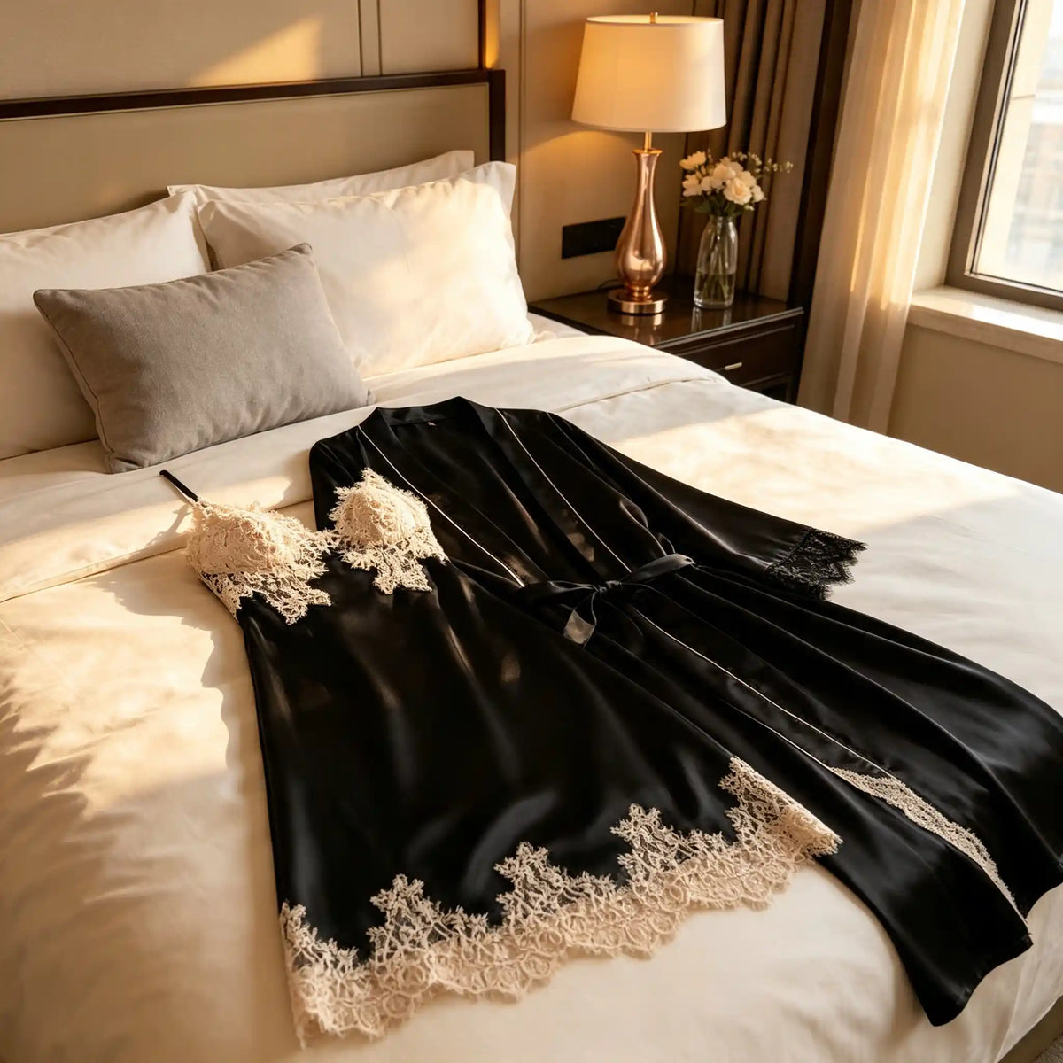 100% Mulberry Silk 19Momme Spaghetti Strap Lace Nightgown & Kimono Robe Set