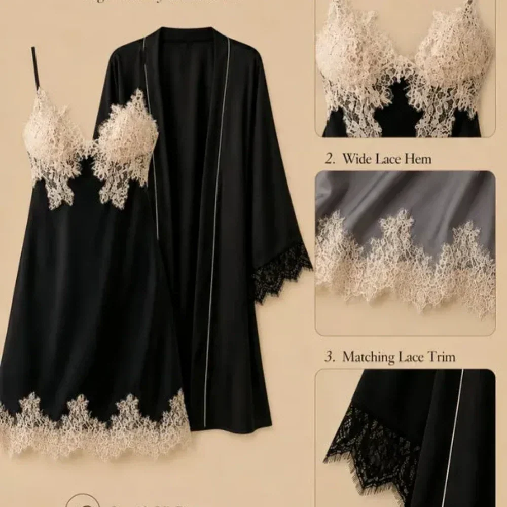 100% Mulberry Silk 19Momme Spaghetti Strap Lace Nightgown & Kimono Robe Set