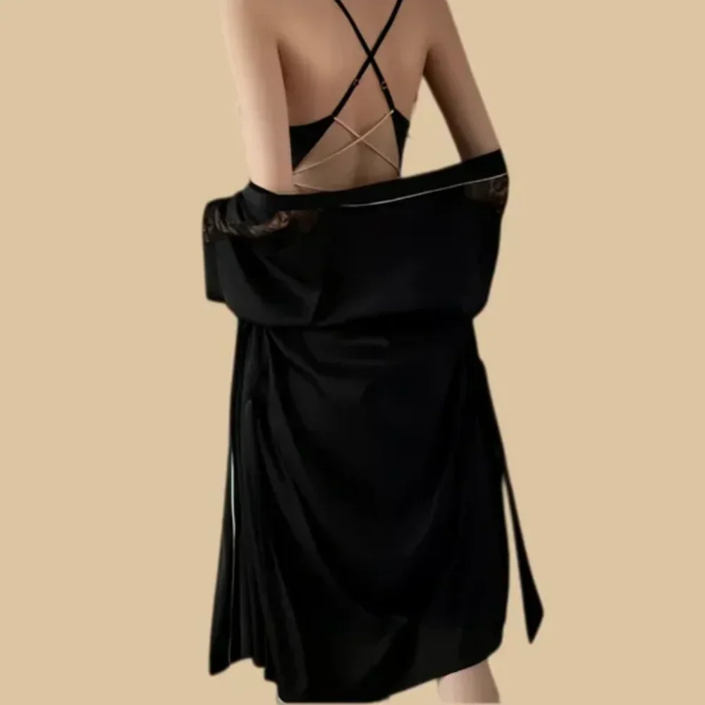 100% Mulberry Silk 19Momme Spaghetti Strap Lace Nightgown & Kimono Robe Set