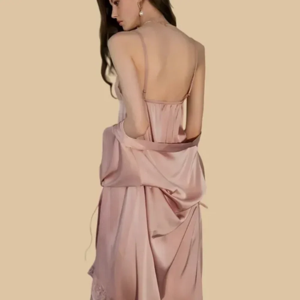 100% Mulberry Silk 19Momme Spaghetti Strap Nightgown & Kimono Robe Set with Lace Trim Design
