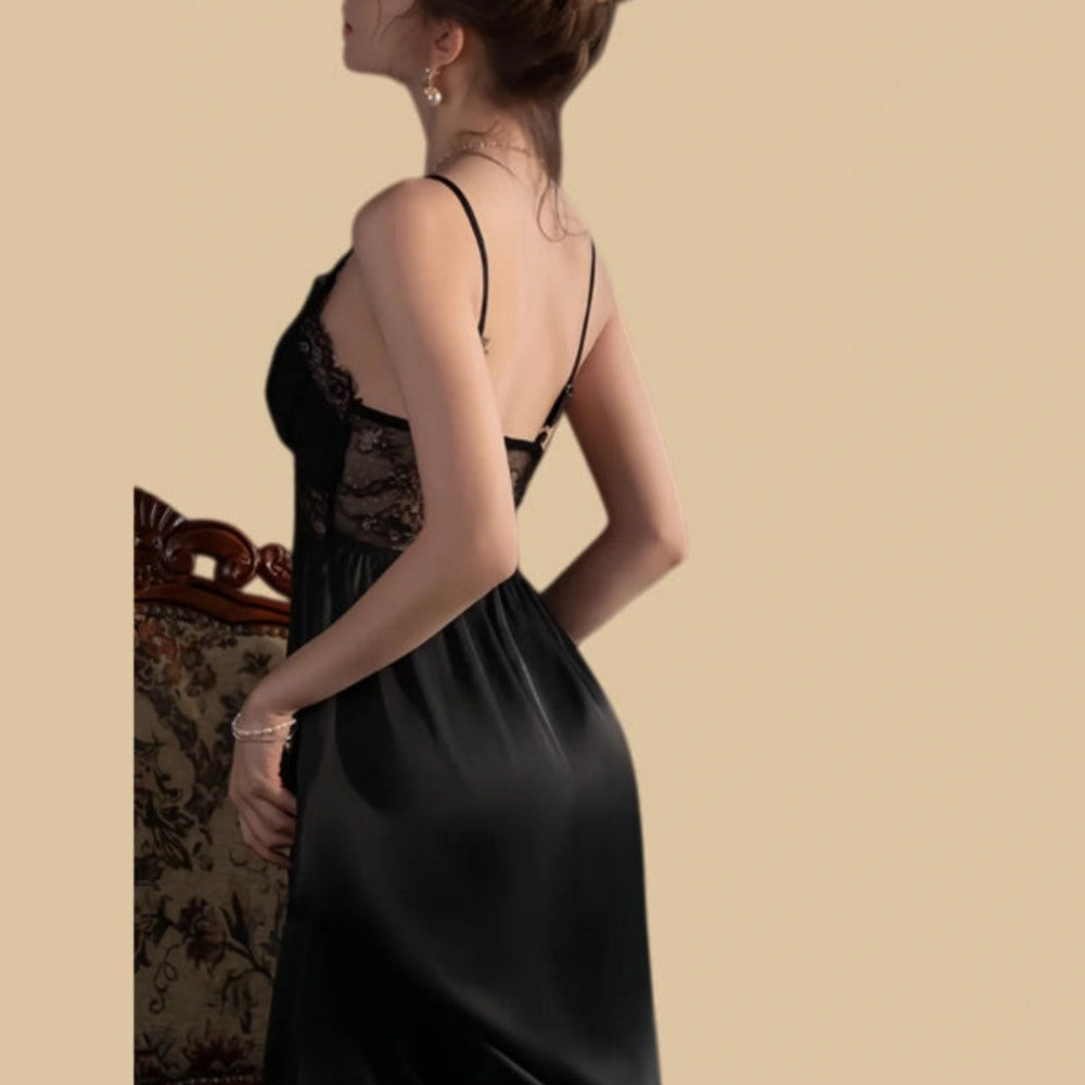 100% Mulberry Silk 19Momme Spaghetti Strap Nightgown & Kimono Robe Set with Lace Trim Design
