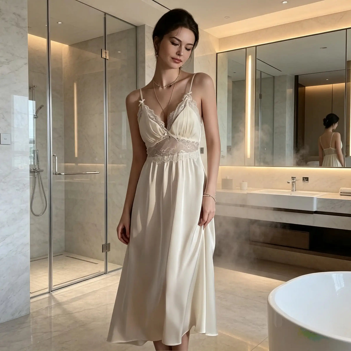 100% Mulberry Silk 19Momme Spaghetti Strap Nightgown & Kimono Robe Set with Lace Trim Design
