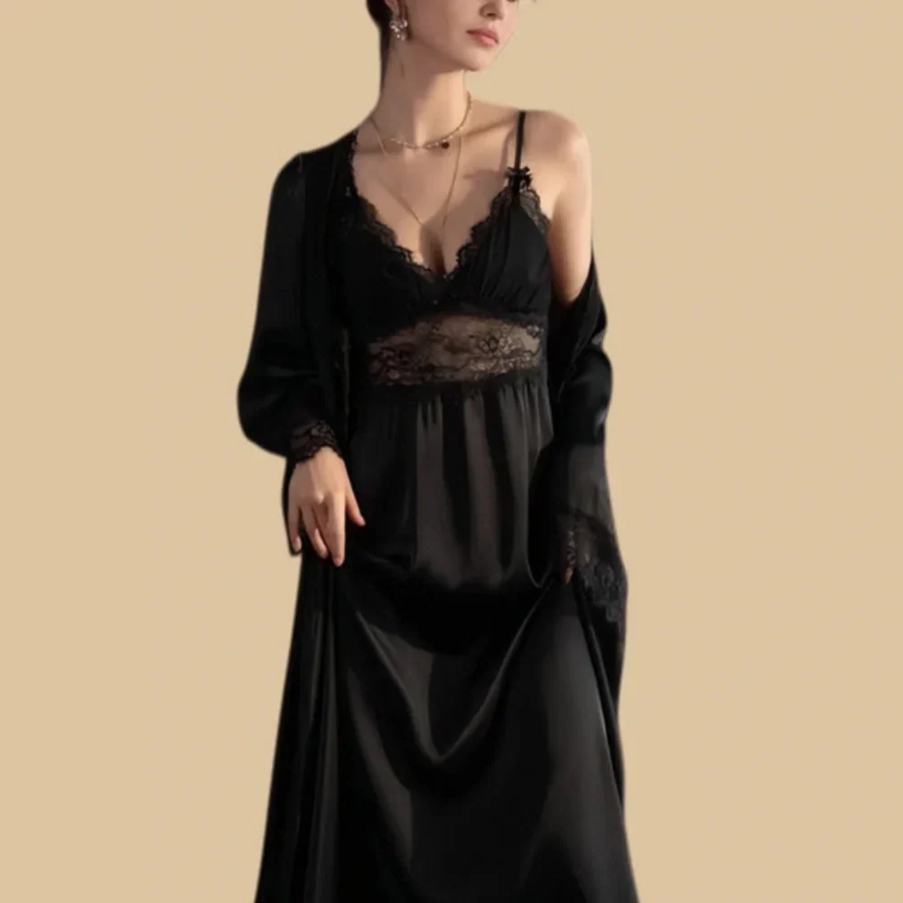 100% Mulberry Silk 19Momme Spaghetti Strap Nightgown & Kimono Robe Set with Lace Trim Design