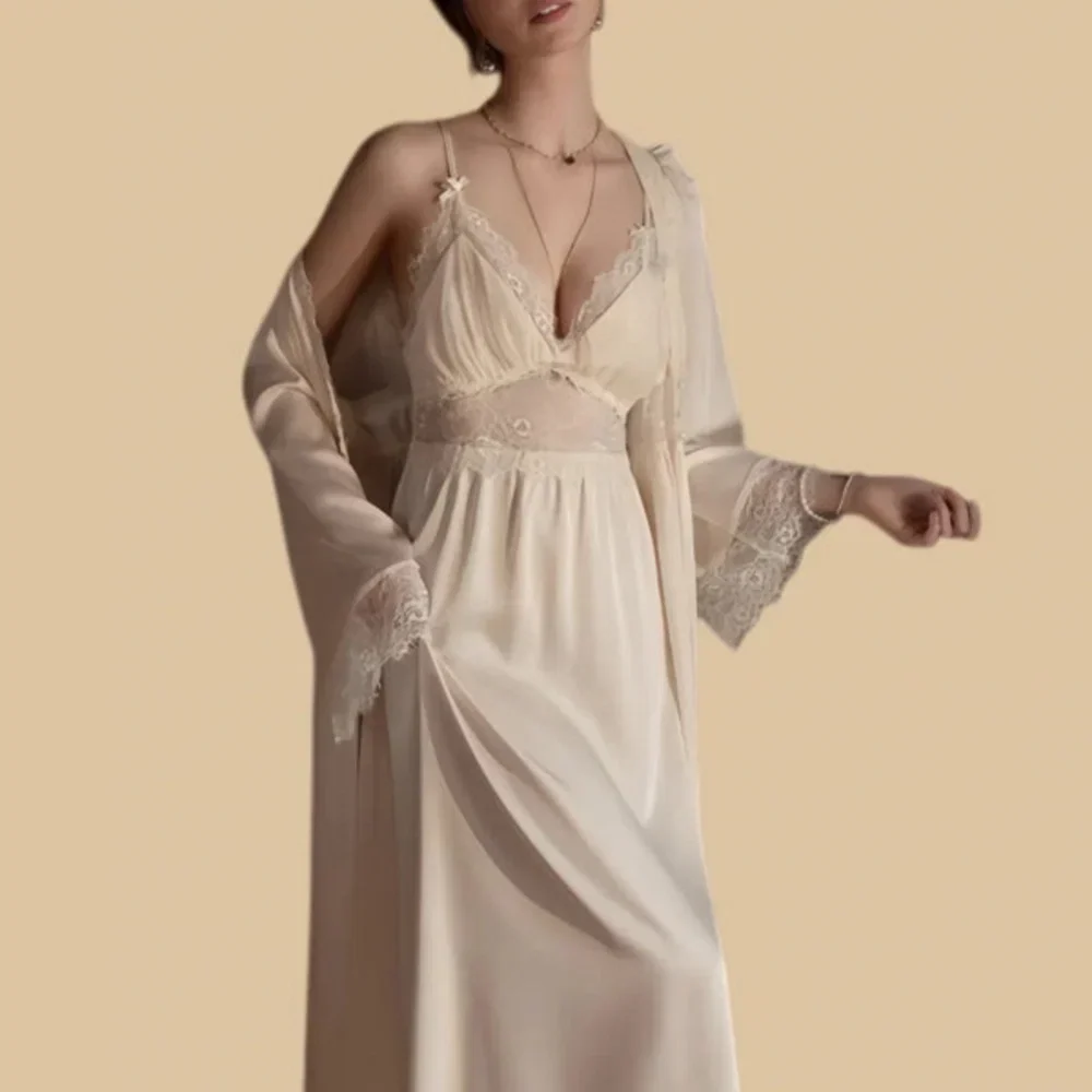 100% Mulberry Silk 19Momme Spaghetti Strap Nightgown & Kimono Robe Set with Lace Trim Design