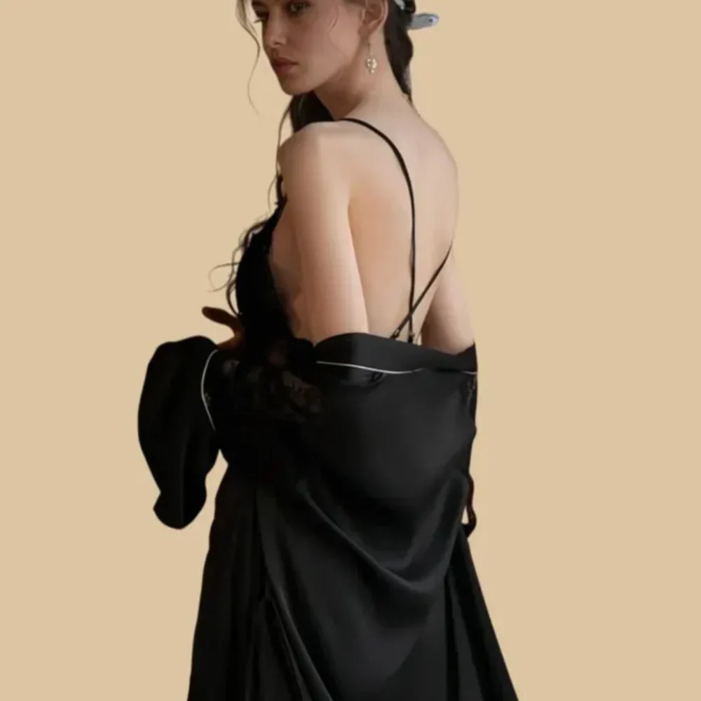 100% Mulberry Silk 19Momme Spaghetti Strap Nightgown & Kimono Robe Set with Lace and Belt Design