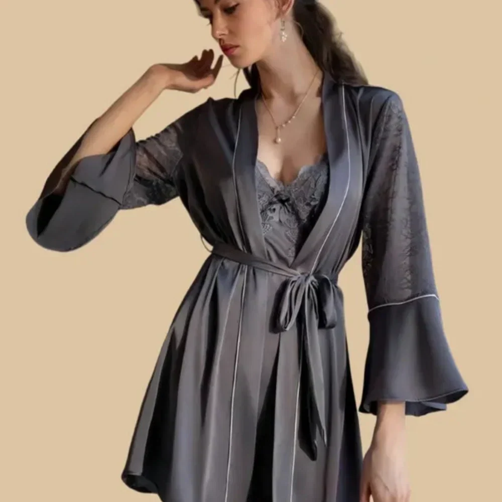 100% Mulberry Silk 19Momme Spaghetti Strap Nightgown & Kimono Robe Set with Lace and Belt Design