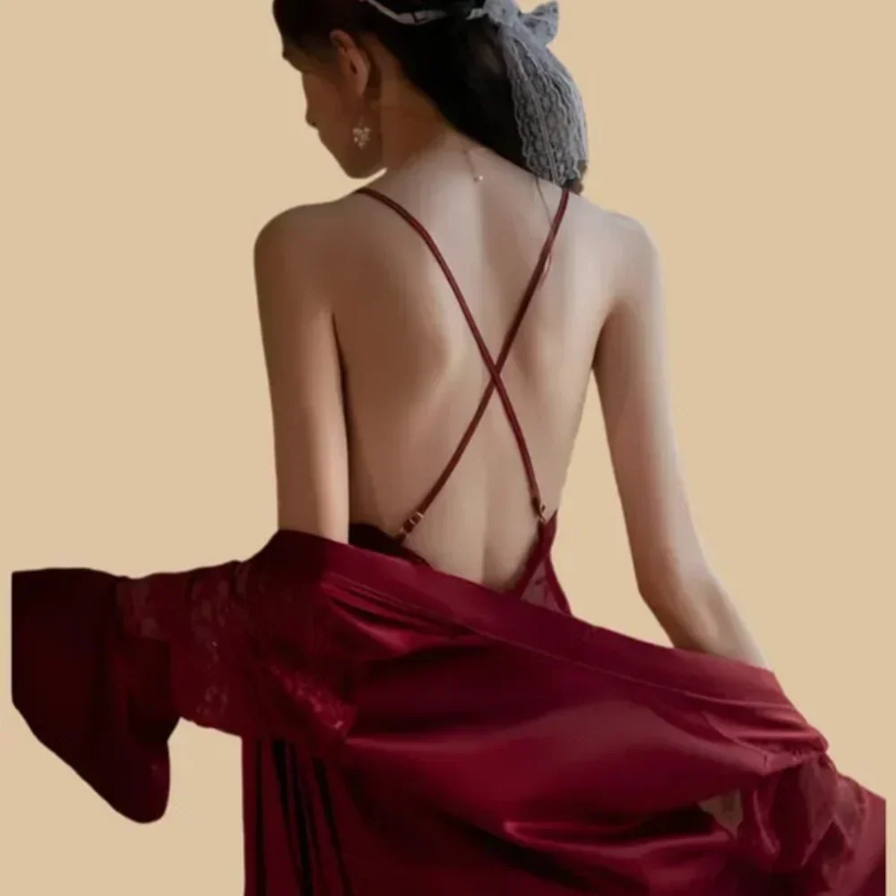 100% Mulberry Silk 19Momme Spaghetti Strap Nightgown & Kimono Robe Set with Lace and Belt Design