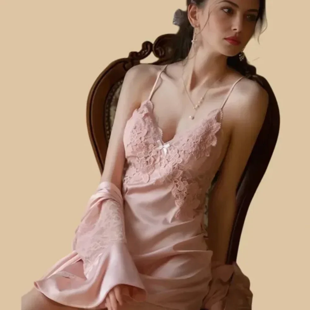 100% Mulberry Silk 19Momme Spaghetti Strap Nightgown & Kimono Robe Set with Lace and Belt Design