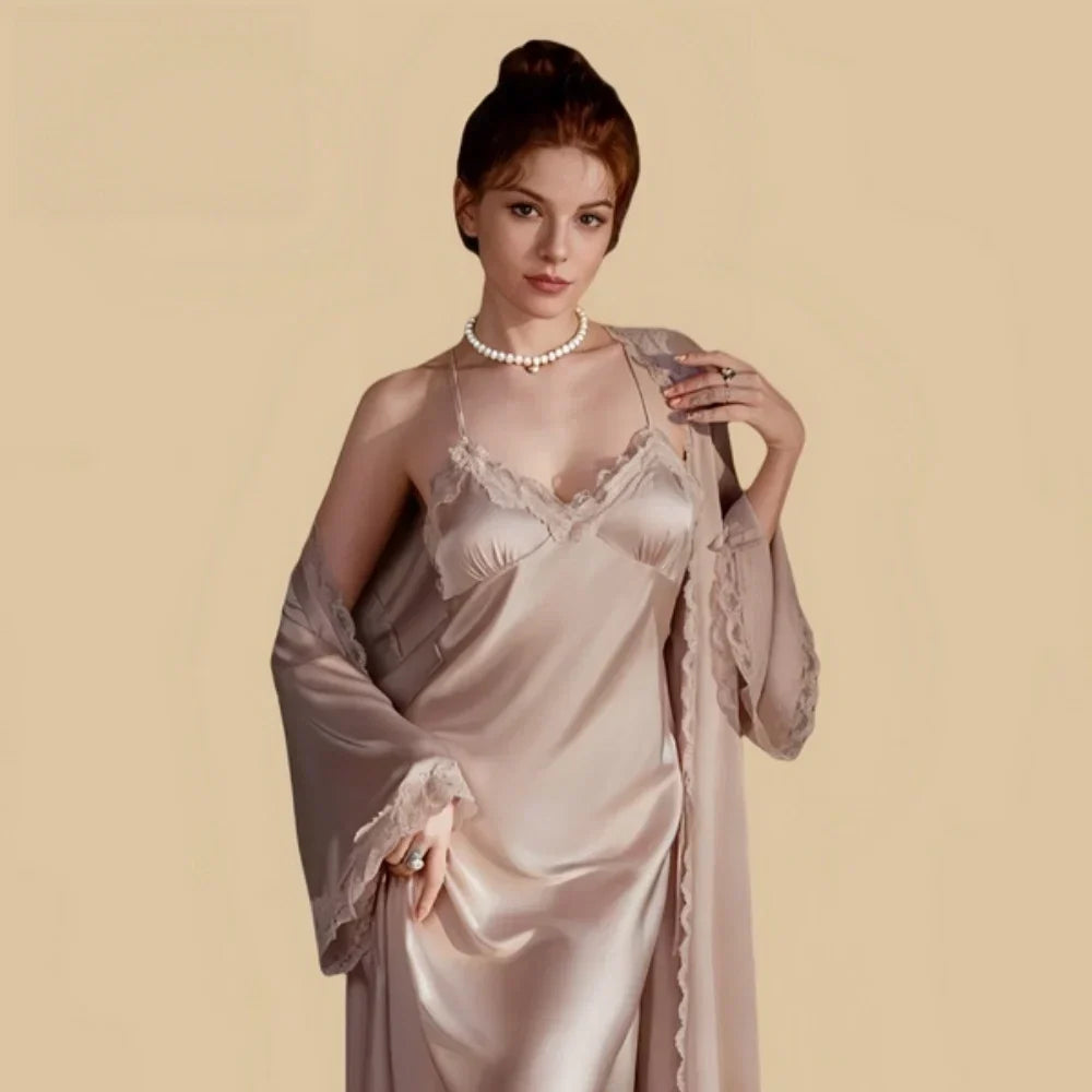 100% Mulberry Silk 19Momme Spaghetti Strap Nightgown & Robe with Lace Design