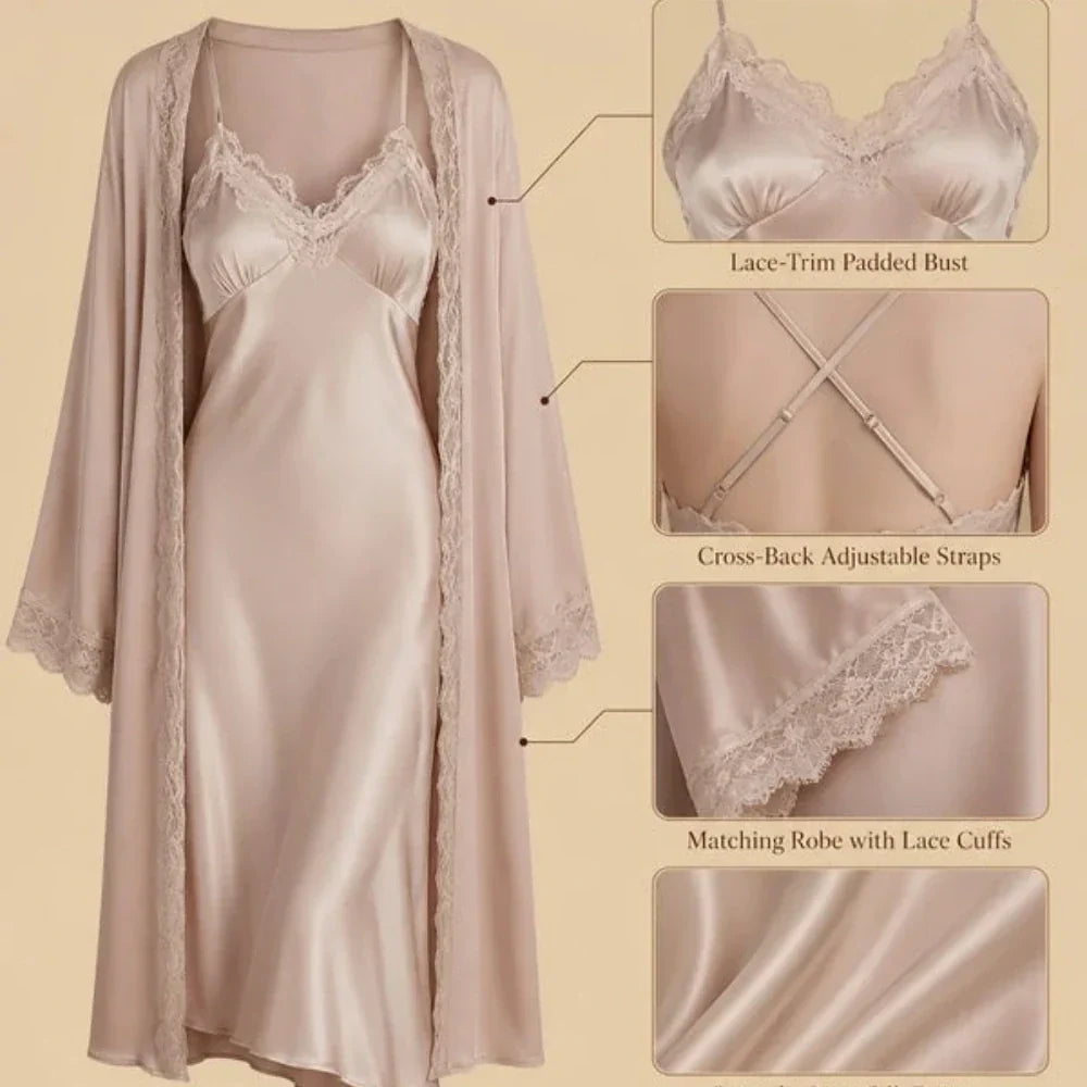 100% Mulberry Silk 19Momme Spaghetti Strap Nightgown & Robe with Lace Design