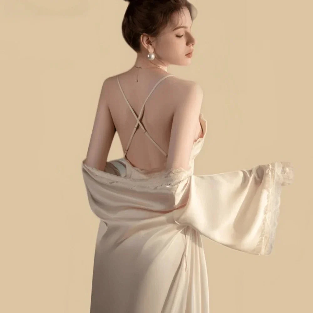 100% Mulberry Silk 19Momme Spaghetti Strap Nightgown & Robe with Lace Design