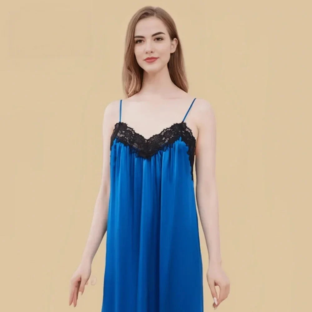 100% Mulberry Silk 19Momme V-Neck Midi Nightgown & Robe with Lace Design