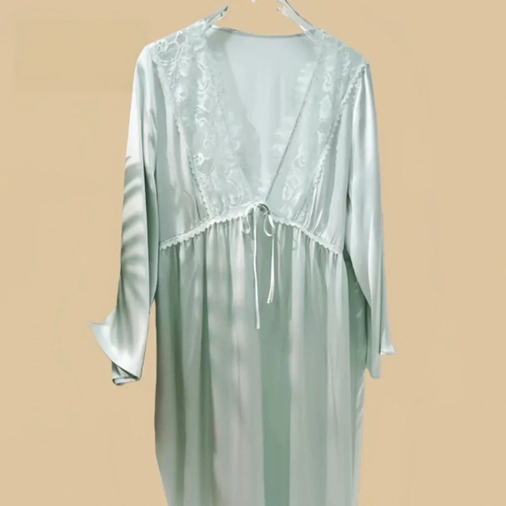 100% Mulberry Silk 19Momme V-Neck Midi Nightgown & Robe with Lace Design