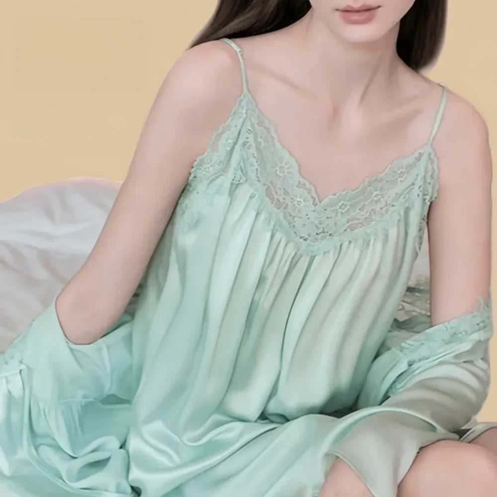 100% Mulberry Silk 19Momme V-Neck Midi Nightgown & Robe with Lace Design