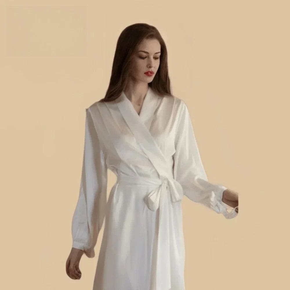 100% Mulberry Silk 22Momme Long Kimono Robe with Belt and Bow Sleeve
