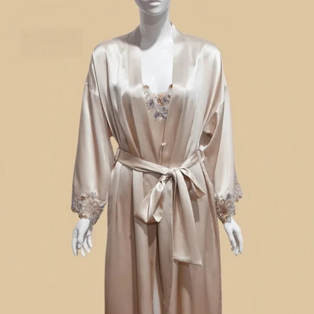 100% Mulberry Silk 19Momme Midi Kimono Robe & Nightgown with Lace Design