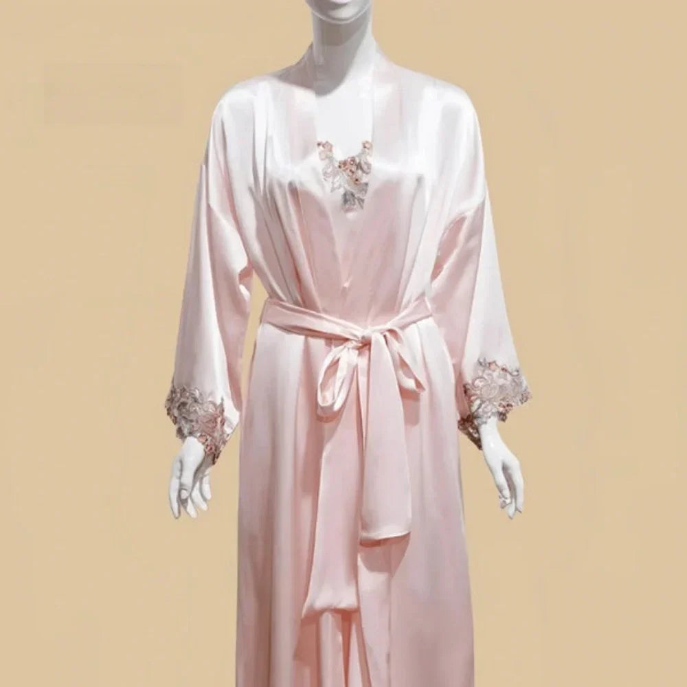 100% Mulberry Silk 19Momme Midi Kimono Robe & Nightgown with Lace Design