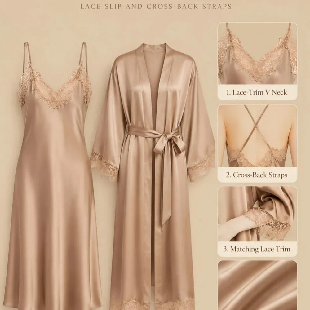 100% Mulberry Silk 19Momme Lace Trim Nightgown & Kimono Robe Set