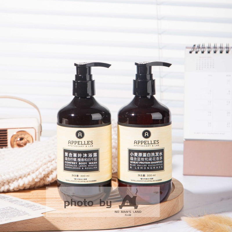 two bottles of APPELLES Langham hotel shampoo and shower gel.