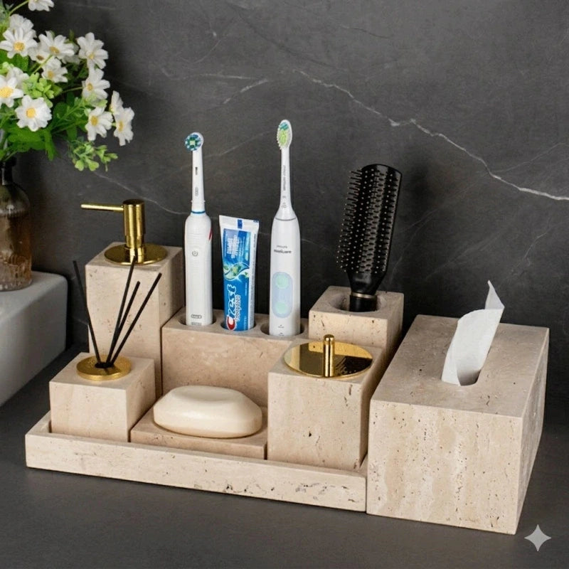 Travertine Marble and Brass Bathroom Collection