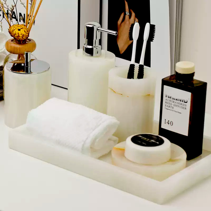 White Jade Marble and Brass Bathroom Collection