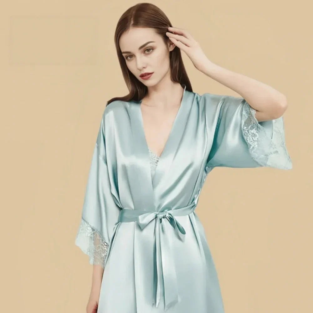 100% Mulberry Silk 16Momme Nightgown &amp; Kimono Robe Set with Lace-Trim Cuffs